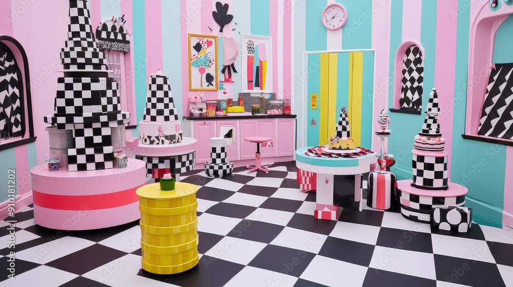Aufkleber a creative studio displays whimsical black and white patterns with bright accents, featuring stacked
