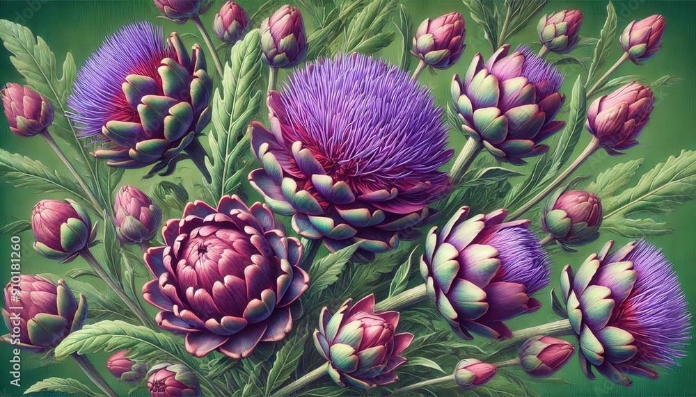 Wall mural A colorful arrangement of artichokes and purple thistle flowers with green leaves in a vibrant garden display, showcasing nature's beauty