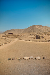 The ancient archaeological site of Caral, near Supe, Barranca Province, Peru. Caral is a UNESCO world heritage site and considered to be the oldest city in the Americas.