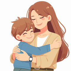 mother holds her son with care and love. Happy Mothers Day concept with mom and small boy. Vector illustration