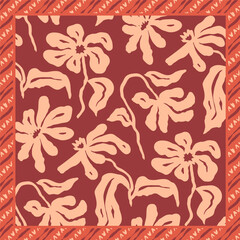 Monochrome peach and red color brush strokes inky flowers scarf or bandana design. Abstract floral contemporary background.