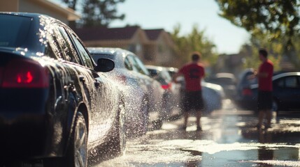 Community members wash cars together in a sunny residential area, raising funds while enjoying the activity.