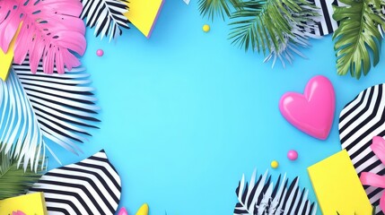 Naklejka premium A vibrant arrangement of tropical leaves, colorful hearts, and geometric shapes creates a lively backdrop on a bright blue surface