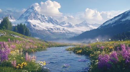 Majestic Mountain Landscape with Vibrant Wildflowers