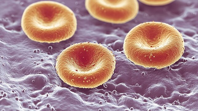 A high-resolution microscopic view reveals the intricate details of blood cells. Red blood cells appear as smooth, doughnut-shaped discs, their central concavity clearly visible. White blood cells,