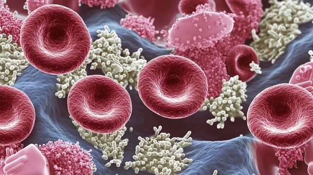A high-resolution microscopic view reveals the intricate details of blood cells. Red blood cells appear as smooth, doughnut-shaped discs, their central concavity clearly visible. White blood cells,