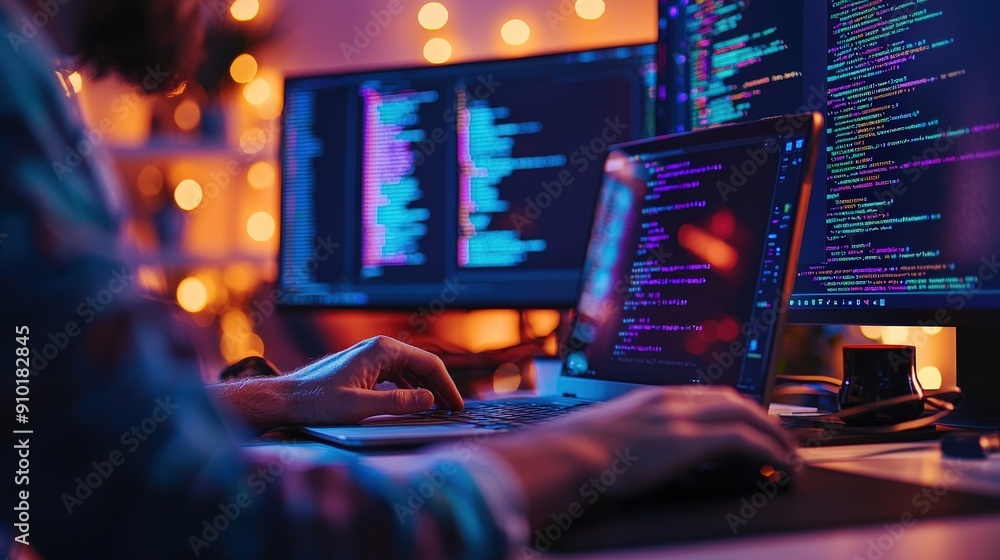Poster A person is focused on programming, typing on a laptop while colorful code lines glow on multiple screens in a cozy, softly lit environment