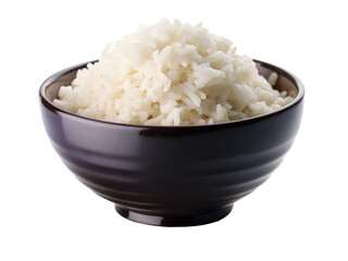 A bowl of freshly steamed white rice in a black bowl, ideal for various culinary presentations. Isolated on transparent background, png.