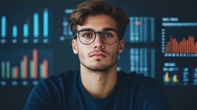 Young Male Data Analyst with Financial Chart Background..