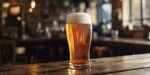 A glass of beer placed on a wooden table, perfect for casual gatherings or cozy nights in