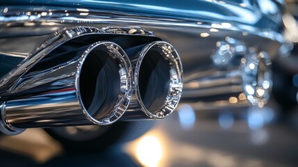Polished chrome exhaust tips glisten under showroom lights, highlighting the craftsmanship of a classic car's rear end.
