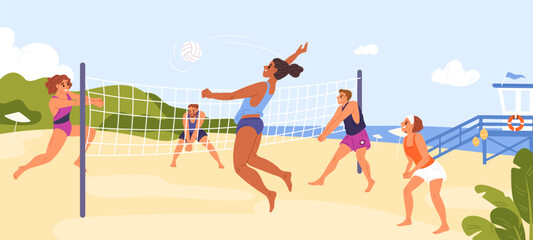 Beach volleyball players. Happy guys and girls hit and throw ball through net on seashore. Sports competitions on sandy coast. Outdoor tournament. Summer vacation. Garish vector concept
