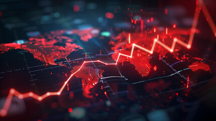Global financial data visualization. Red line graph over world map. Economic trends analysis. Digital chart showing market volatility. Technological representation of worldwide financial statistics