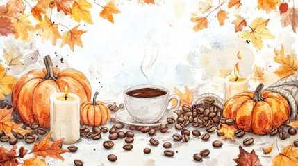 Cozy autumn scene featuring pumpkins, coffee, and candles amidst colorful leaves, perfect for seasonal decor and warm vibes.