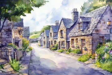 Charming watercolor village scene featuring stone houses, lush greenery, and a tranquil street under a soft sky.