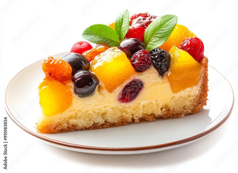 Wall mural detailed view of a vibrant fruitcake slice on a plate - a delicious dessert with mixed fruits and nu