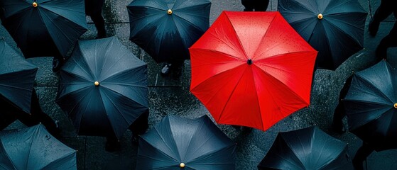 Group of people with uniform black umbrellas, one striking red umbrella, Daring to be different, Distinctive business approach
