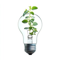 Innovative Green Concept, Light Bulb with Sprouting Plant, Symbolizing Growth and Creativity, Isolated on White Background, PNG Style