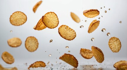 Crispy Potato Chips Falling with Oil Droplets