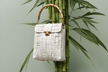 a white woven bag hanging on a bamboo tree 