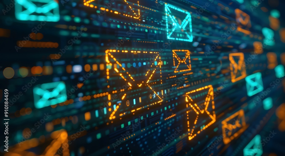Aufkleber digital bright elements of envelope, digital background with global email communication. the concept