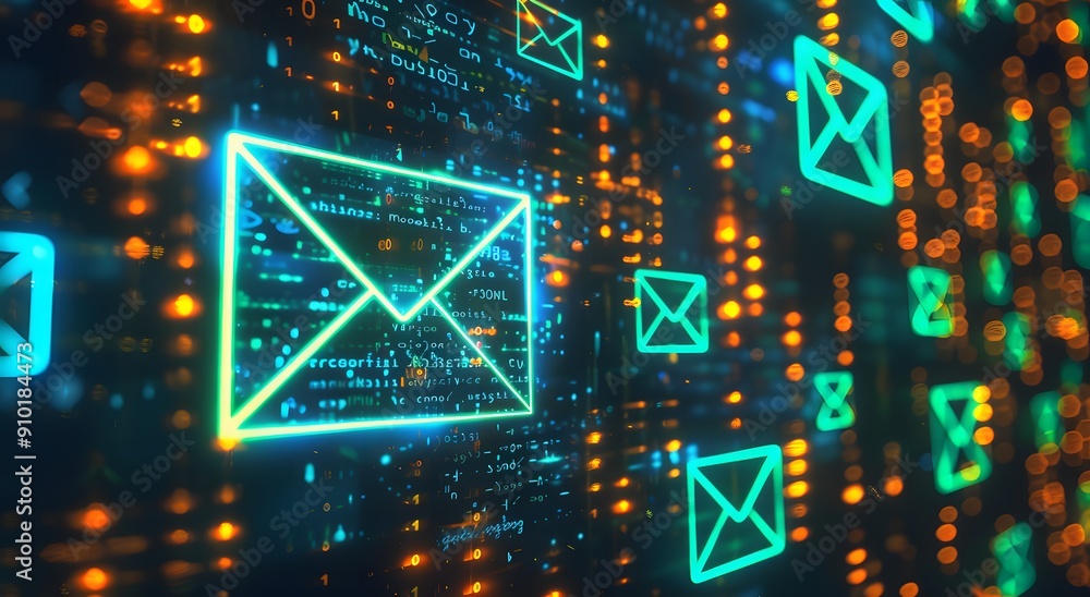 Aufkleber digital bright elements of envelope, digital background with global email communication. the concept