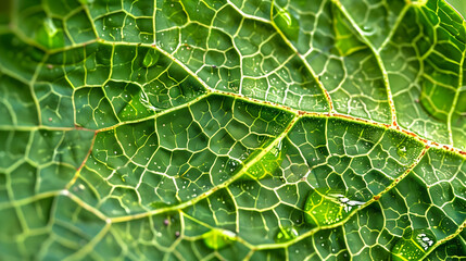 Closeup of Green Leaf with Water Droplets -  Macro Photography