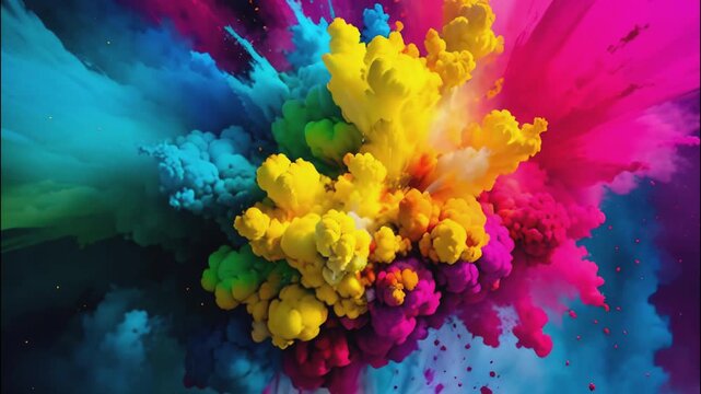 Holi paint throwing splash. Vibrant multicolor mix flow. Pink, blue, green, yellow colors explosion.