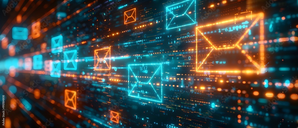 Aufkleber digital bright elements of envelope, digital background with global email communication. the concept