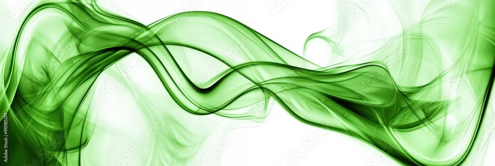 Poster Delicate green smoke swirls gracefully across a white background, creating an ethereal and fluid visual experience