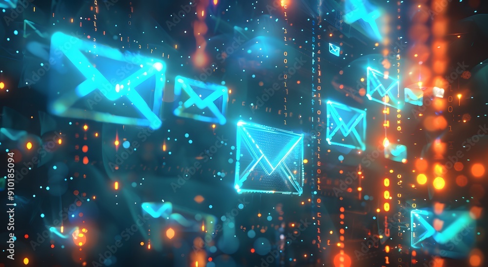 Aufkleber digital bright elements of envelope, digital background with global email communication. the concept