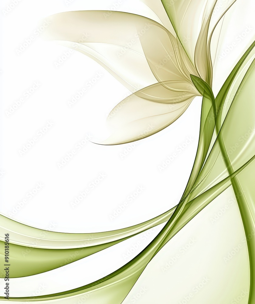 Aufkleber a delicate white flower intertwined with smooth green lines creating an abstract composition, evokin