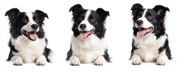 The collection is comprised of happy border collie images (portraits, standings, sittings) isolated on a white background.