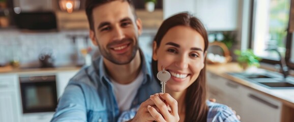 Smiling couple celebrates buying their new home, proudly holding a key in a modern kitchen setting. wide web banner