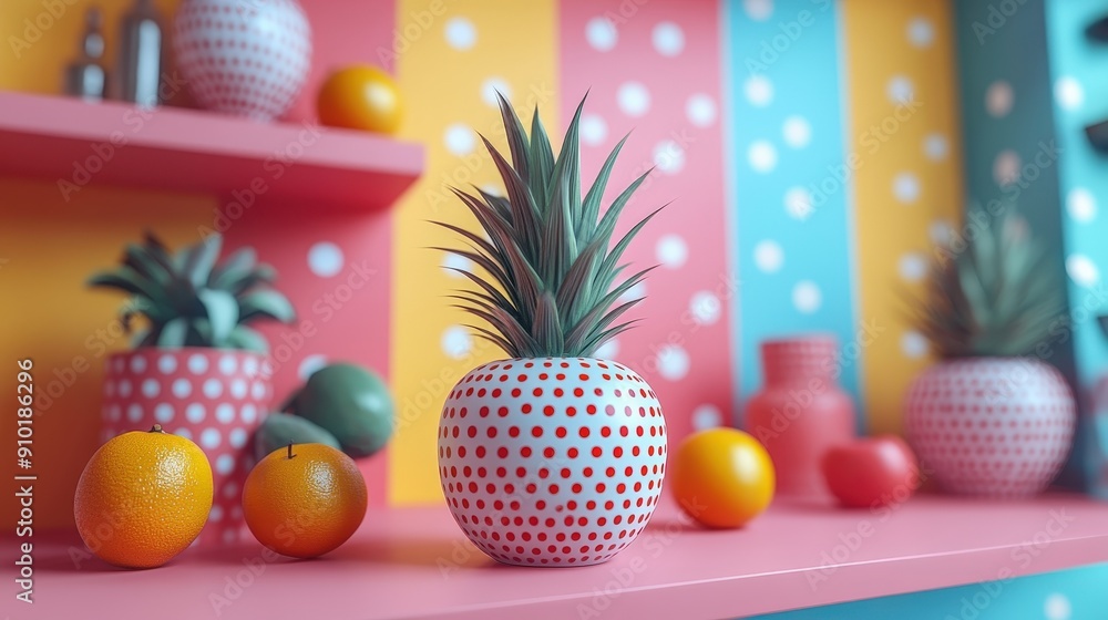 Poster fresh pineapples and oranges are artistically arranged on colorful shelves, creating a lively and ch