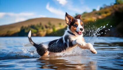 A puppy happily splashing and jumping at the water's edge