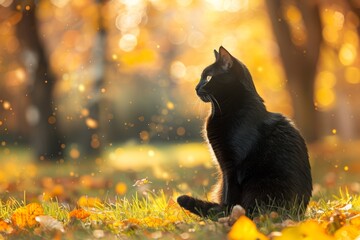 Autumn Serenity: Black Cat on Golden Foliage, Sunlit Tranquility in Park Landscape