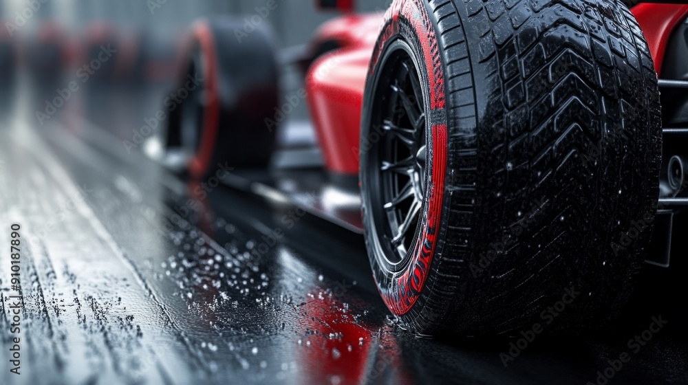 Poster a red racing car with slick tires navigates a wet racetrack, droplets of water splashing as it grips