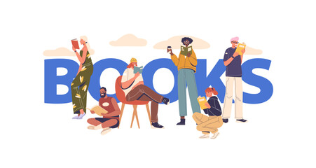 Group Of People Enjoying Reading Books Together Outdoors. Characters Are Depicted In A Relaxed And Casual Setting