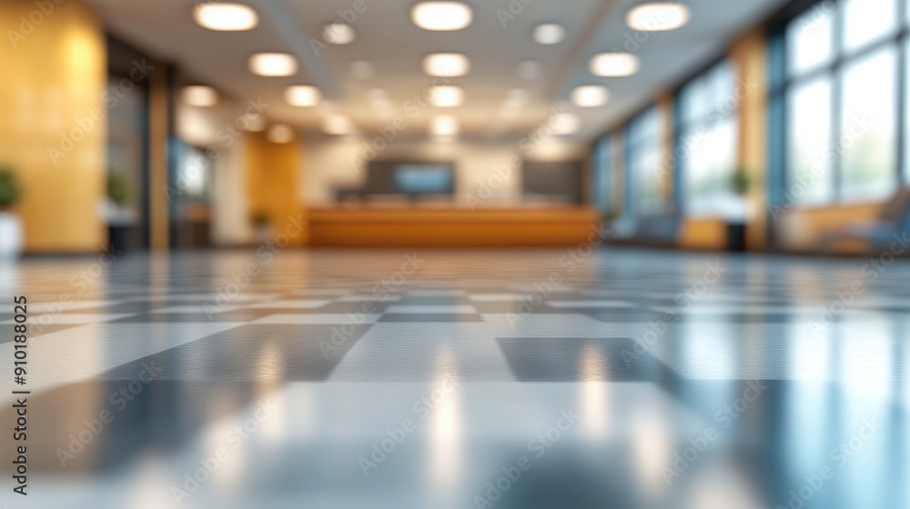 Poster a contemporary lobby featuring a polished floor and warm lighting, creating an inviting atmosphere f