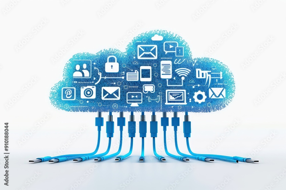Aufkleber a collection of blue network cables connects to a cloud filled with various digital icons representi