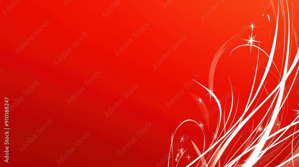 Poster a striking abstract composition features graceful white swirls and sparkles against a rich red backg
