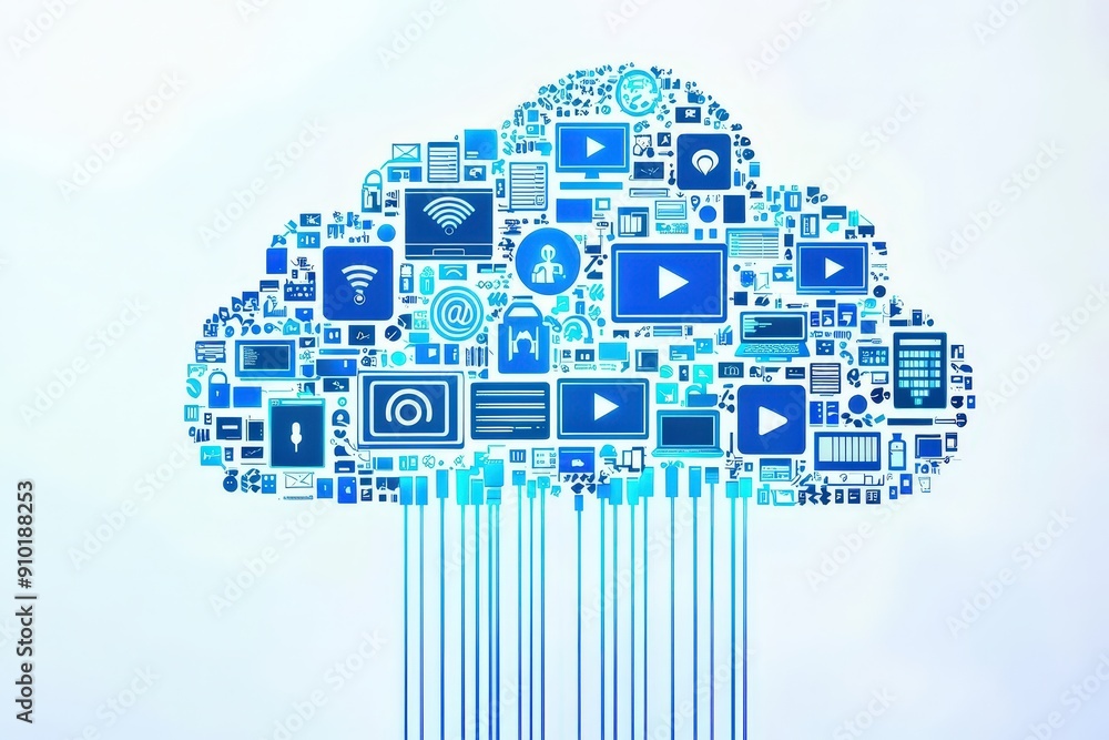 Poster Colorful digital icons are creatively arranged to form a cloud, illustrating the concept of cloud computing and online services