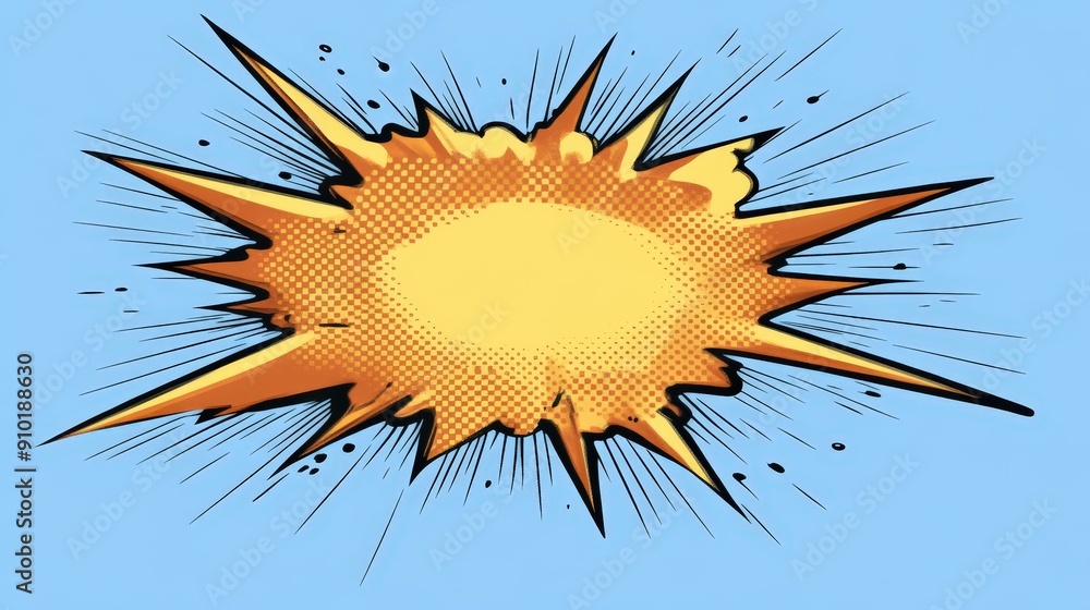 Poster A vibrant explosion graphic features sharp edges in yellow and orange against a bright blue background, creating a dynamic and energetic effect