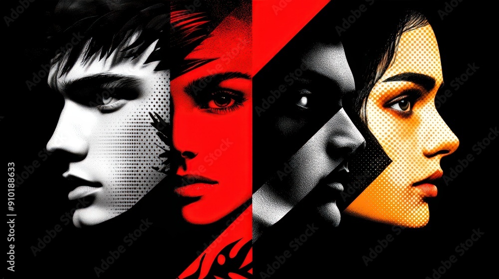 Aufkleber four stylized faces merge bold colors and intricate details, capturing raw emotions and distinctive 