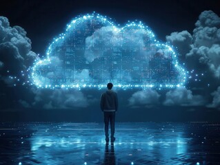 A hightech scene of cloud technology managing vast data, with sleek interfaces and innovative digital solutions