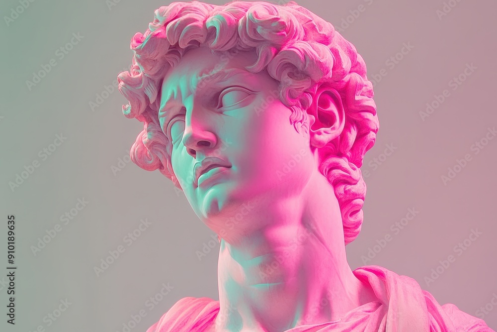 Poster statue of david is illuminated by soft pink lighting in a contemporary gallery space, showcasing its