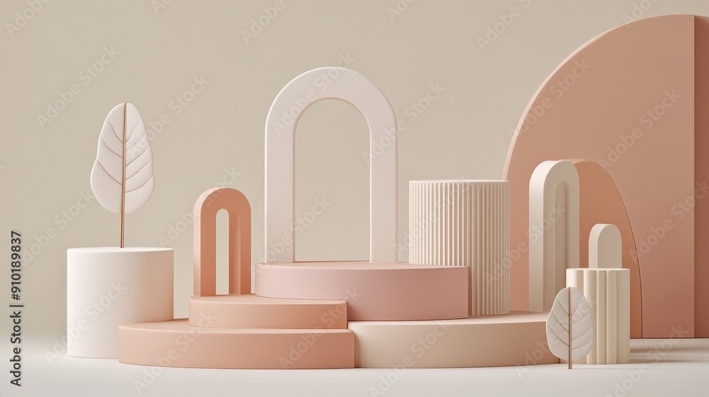 Leinwandbilder A modern arrangement features various geometric shapes and soft pastel colors, creating an artistic composition with a sense of depth