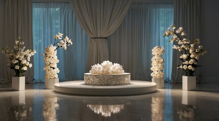 White Floral Decor with a Cake Stand in a Room with Windows and Curtains