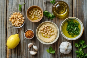 hummus ingredients, chickpeas, tahini, lemon, water, parsley, olive oil, pepper spice, cumin, garlic, 